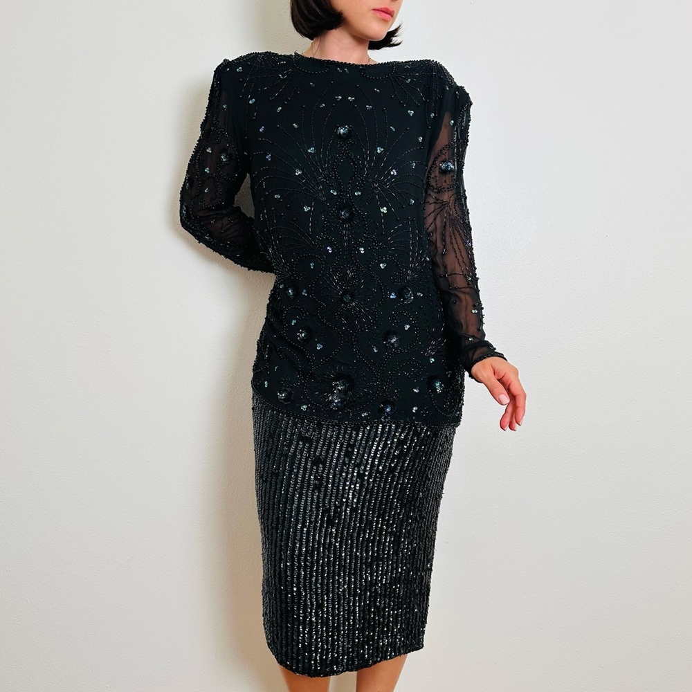 Vintage Jovani Beaded Long Sleeve Embellished Dress Midi Elegant Black 100% Silk